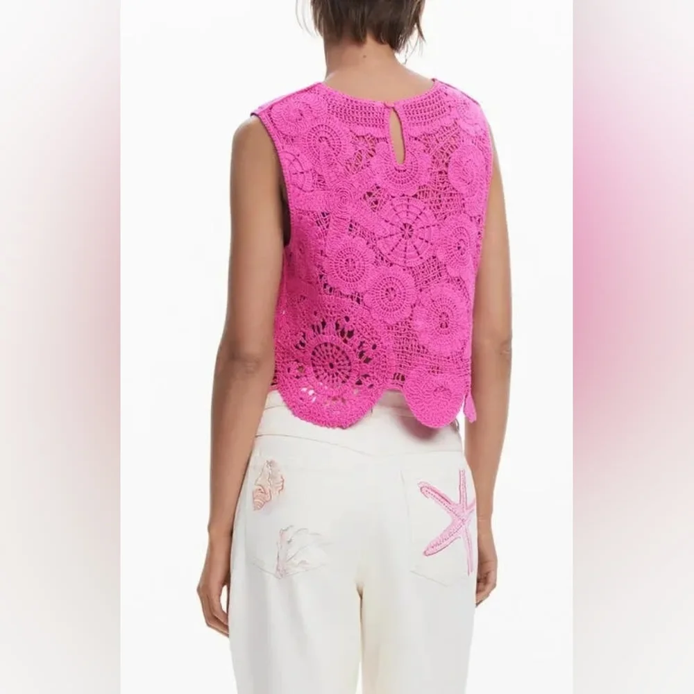 Desigual Crochet Cover Up Crop Top Pink Boho Resort Swim size Small S - Picture 2 of 5
